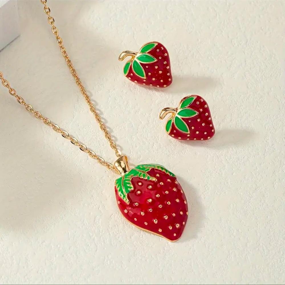 NWOT - Enamel Strawberry Pendant Necklace and Earrings Set